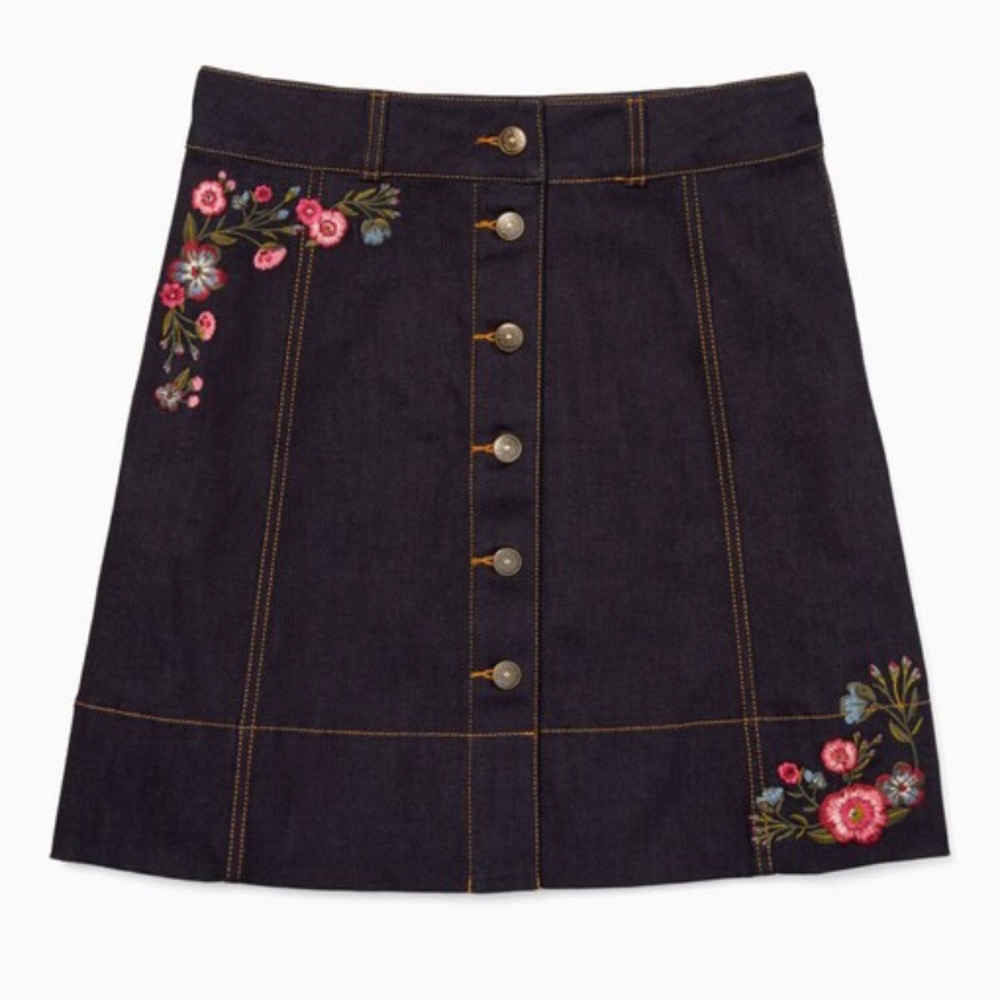 Kate Spade Embroidered Denim Skirt A-Line Floral Size 2 Boho Designer